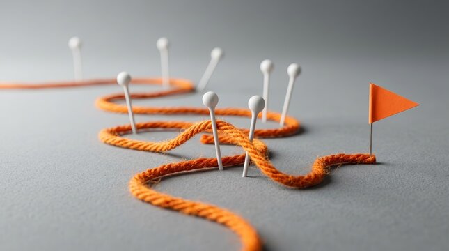 Orange thread, pins, and a flag on a gray surface representing achieving goals and business strategy.