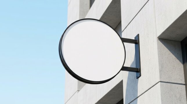 Modern building exterior with a circular signboard banner for product placement mockup.