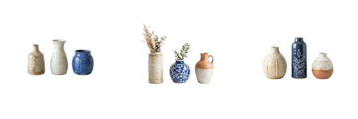 Ceramic vases PNG collection featuring decorative pottery jars, artisanal earthenware vessels, and stylish tabletop home decor items isolated on transparent background, perfect for interior design gra © Professor