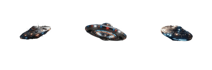 UFO and flying saucer PNG collection featuring mysterious alien spacecraft with glowing lights and futuristic saucers isolated on transparent background, perfect for sci-fi, space, and fantasy graphic © Professor