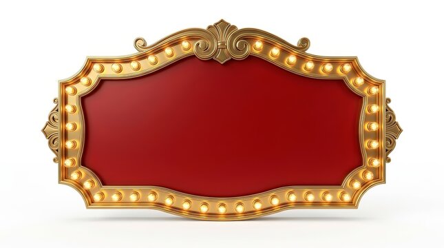 Vintage red marquee sign frame with illuminated bulbs and gold trim.