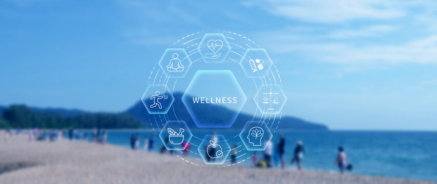 Wellness. Wellness longevity and Holistic Concept, health care, including mental wellbeing, fitness, nutrition, sleep, relationships and financial balance, Personal development and balance. not ai