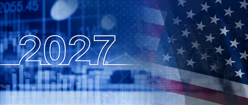 US Vision 2027. Business Target for 2027 with Dartboard Target Icon, American Financial Goals and Business Strategy, US Planning and Investment, not ai