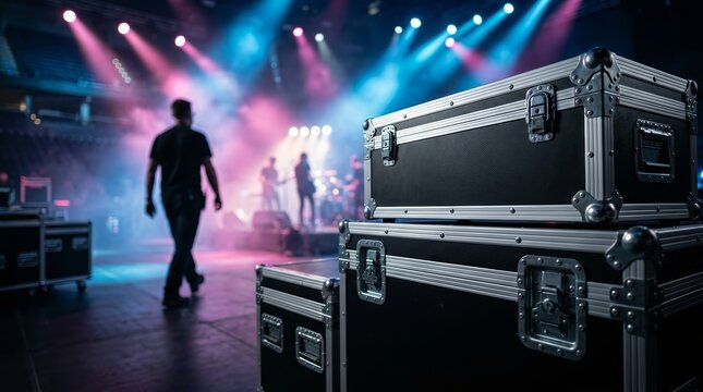 Stacked road cases on a concert stage as a crew member walks past glowing pink and blue lights.