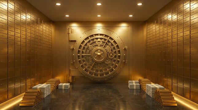 Luxurious bank vault interior with golden walls and deposit boxes.