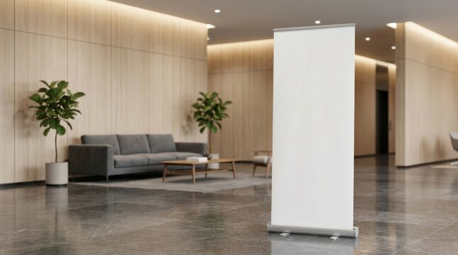 Empty roll-up standee banner mockup in a modern corporate office hall.