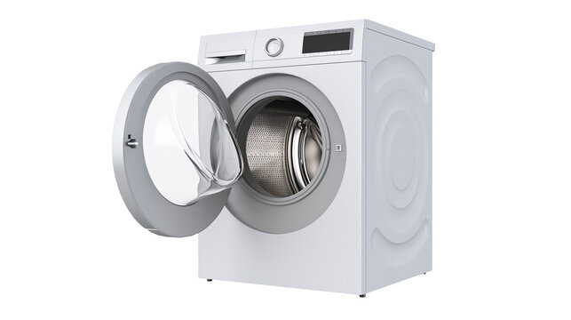 Isolated modern white front-load washing machine with an open door revealing metallic drum.