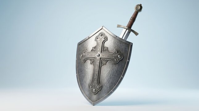 Silver medieval shield and sword with a cross on a light blue background.