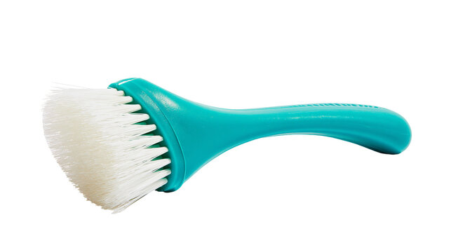 Isolated vibrant teal brush with soft white synthetic bristles and ergonomic handle for cleaning.