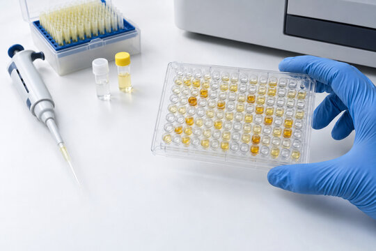 Colorimetric 96 well microplate assay in biotechnology laboratory