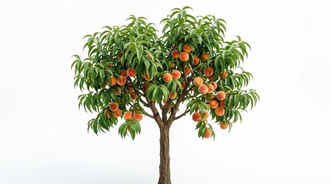 Peach tree with ripe fruit, realistic fruit tree illustration on white background, orchard peach tree with green leaves and orange peaches