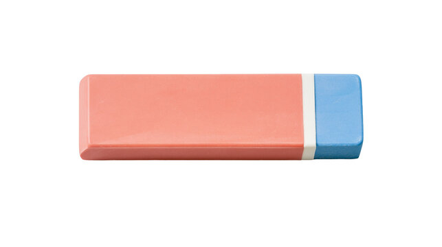 Isolated pink and blue rubber eraser, classic stationery item for school and office work