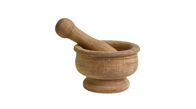 Isolated classic rustic wooden mortar and pestle kitchen tool for grinding spices, herbs.