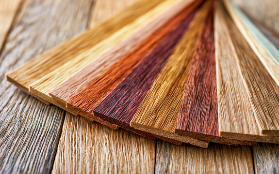 Wood veneer samples with different textures and colors fanned out