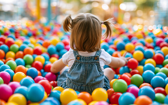 Little girl playing in ball pit with colorful plastic balls