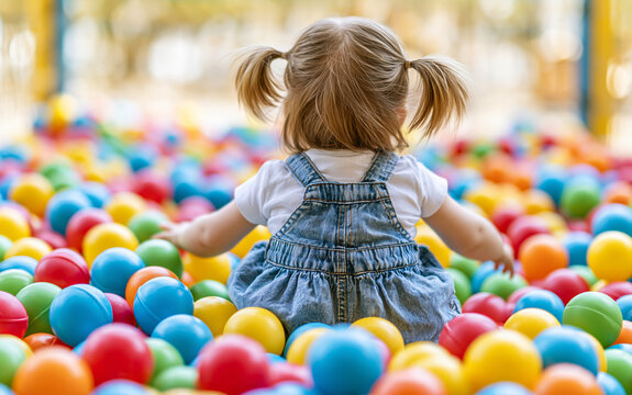 Little girl playing in ball pit with colorful plastic balls