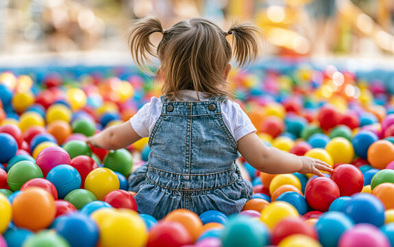 Little girl playing in ball pit with colorful plastic balls