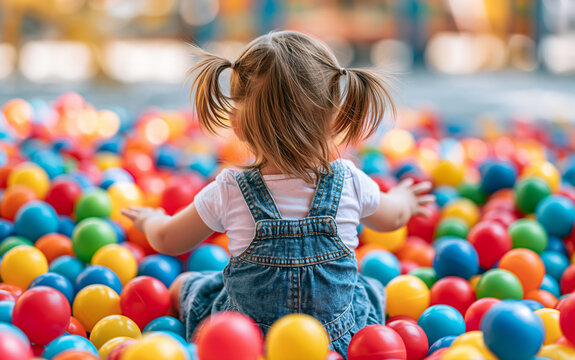 Little girl playing in ball pit with colorful plastic balls
