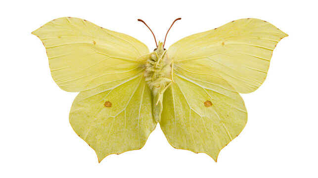Isolated vibrant yellow brimstone butterfly (Gonepteryx rhamni) with wings spread, top view.