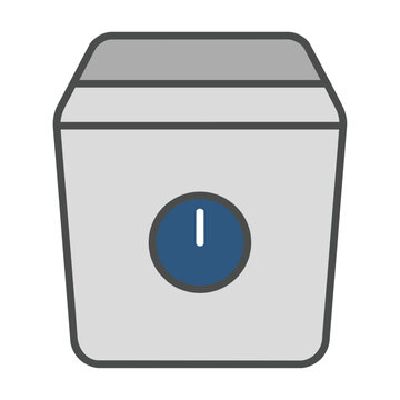 Minimalist top-loading washing machine icon with a hinged lid and control dial, simple flat style isolated on white. Home appliance concept