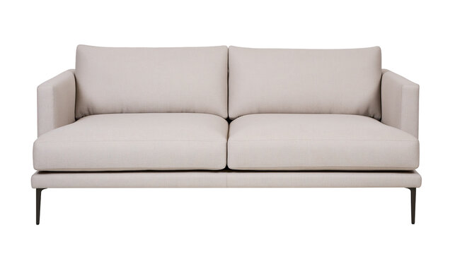 Isolated contemporary cream fabric two-seater sofa, elegant minimalist design with slim black metal legs.