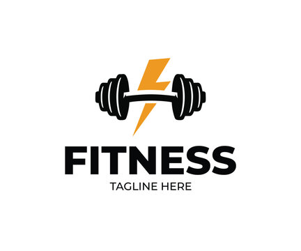 Fitness logo design featuring a black dumbbell and a yellow lightning bolt icon