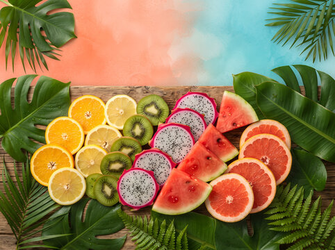 Fresh Sliced Tropical Fruits Arrangement with Palm Leaves on Wooden Table Summer Concept Background