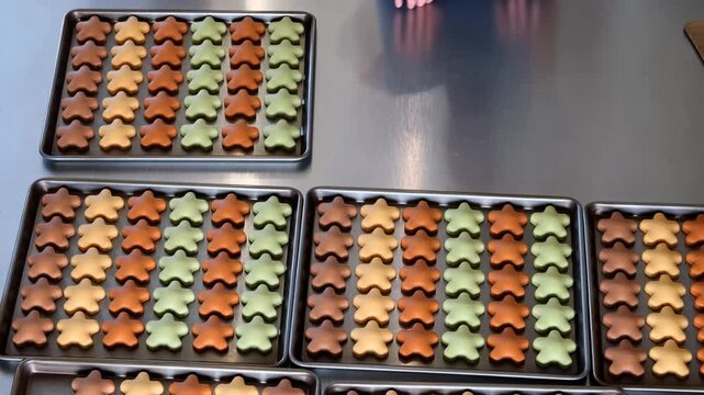 Colorful person-shaped cookies remain neatly aligned in rows across dark baking trays on a reflective stainless steel worktable, with brown, cream, orange and pale green icing