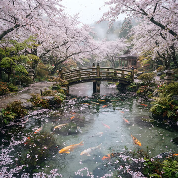 Japanese Garden Pond with Koi Fish Under Blooming Cherry Blossom Trees