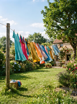 Colorful Clothes Hanging on Clothesline Drying in Sunny Countryside Garden