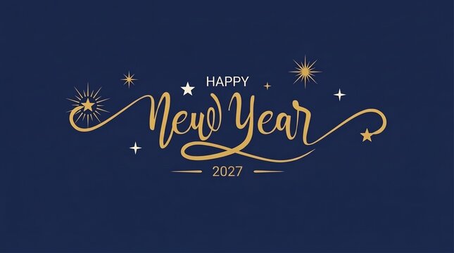 Gold calligraphy script happy new year 2027 text with stars and sparkles on navy blue background for elegant holiday branding and social media posts.