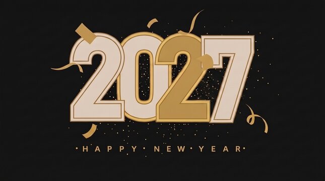 Elegant 2027 new year greeting card features bold gold and cream layered numerals with falling confetti on dark background for corporate celebrations.