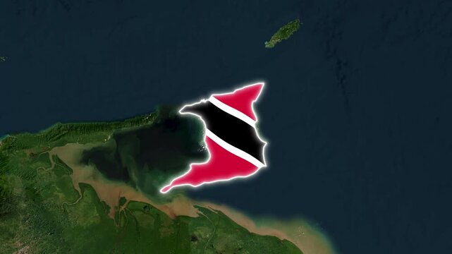 Trinidad and Tobago map with national flag overlay, satellite view showing Caribbean island geography and borders in motion graphic