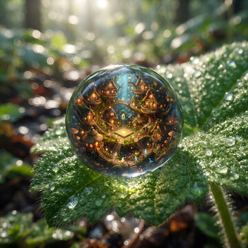 Magical Miniature Village inside Water Drop on Green Leaf Macro
