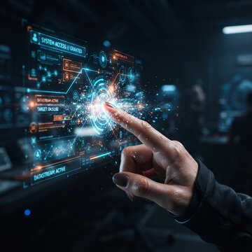 Human Hand Touching Futuristic Digital Interface Screen and Data Hologram