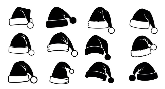 Collection of twelve stylish santa hats in black and white vector illustrations