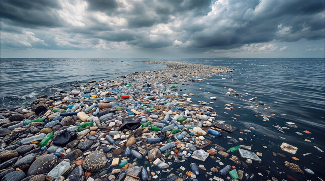 Ocean pollution with massive accumulation of plastic waste and debris floating on water surface. Environmental crisis concept showing garbage patch under stormy sky.