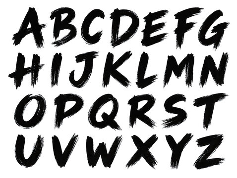 Black ink brush stroke alphabet letters from a to z with expressive handwritten textures isolated on transparent background for creative typography.