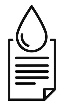 Minimalist icon of a stylized raindrop positioned above a document sheet in black and white line art style simple business concept