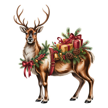 Festive Christmas reindeer with gifts, pine garland and red bow