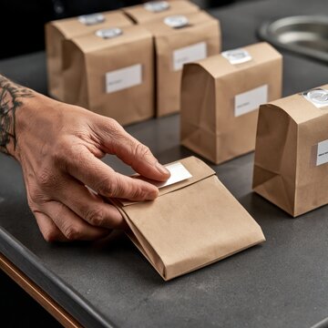 Hand sealing takeout paper bag with tamper-evident label at delivery station