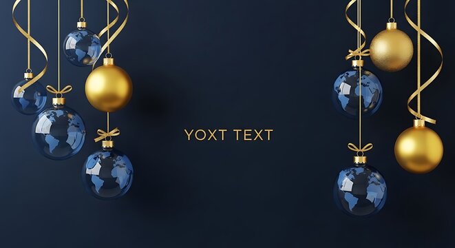 Colorful hanging holiday ornaments with golden baubles and blue flowers on black background