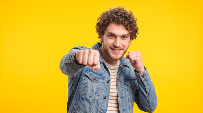 A man with curly hair and a denim jacket throws a punch with a confident smile on his face against a vibrant yellow background