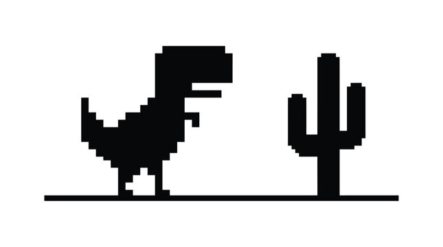 Pixelated dinosaur and cactus silhouette against a white background