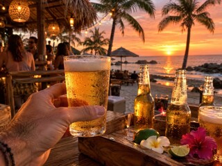 Obraz premium Hand hält ein eiskaltes Bier vor einer tropischen Strandbar bei leuchtendem Sonnenuntergang – sommerliche Urlaubsstimmung mit Palmen, Meer und erfrischendem Genuss.