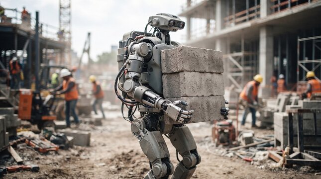 Advanced humanoid robot assists construction workers by carrying heavy concrete blocks on a busy building site