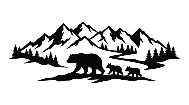 Black silhouette of a bear family against a mountain landscape