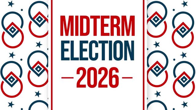 Midterm election 2026 text banner design with patriotic red and blue geometric pattern background 4k footage isolated