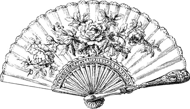 Antique engraved chinese hand fan with large peony floral motif and carved sticks isolated on white background for vintage decorative design and background