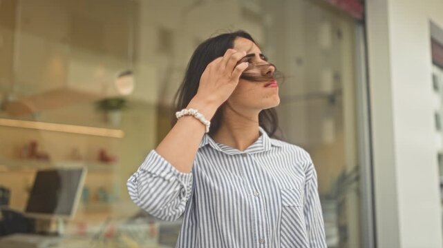 Woman touching hair with visible hand and bracelet outside building storefront window while gazing upward; contemplation calm.